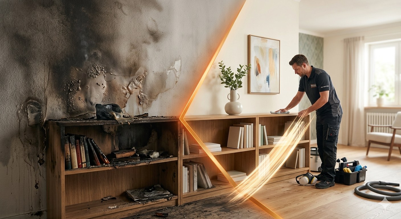 Brandschaden vorher und nachher — Wohnraum mit Rußschäden, daneben fertig saniert